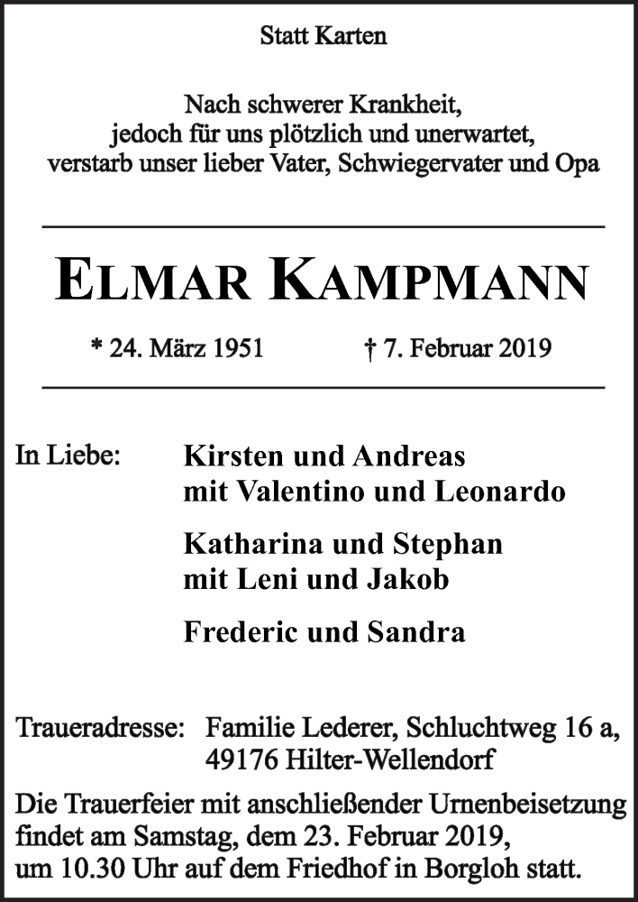  Traueranzeige für Elmar Kampmann vom 16.02.2019 aus Neue Osnabrücker Zeitung GmbH & Co. KG