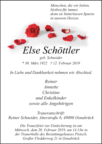 Traueranzeige von Else Schöttler von Neue Osnabrücker Zeitung GmbH & Co. KG