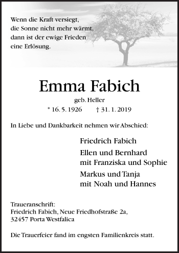 Traueranzeige von Emma Fabich von Neue Osnabrücker Zeitung GmbH & Co. KG