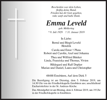 Traueranzeige von Emma Leveld von Neue Osnabrücker Zeitung GmbH & Co. KG