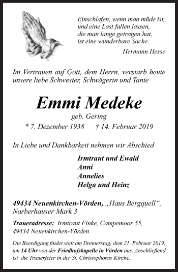 Traueranzeige von Emmi Medeke von Neue Osnabrücker Zeitung GmbH & Co. KG