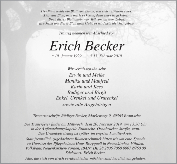 Traueranzeige von Erich Becker von Neue Osnabrücker Zeitung GmbH & Co. KG