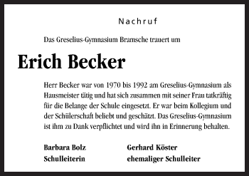 Traueranzeige von Erich Becker von Neue Osnabrücker Zeitung GmbH & Co. KG