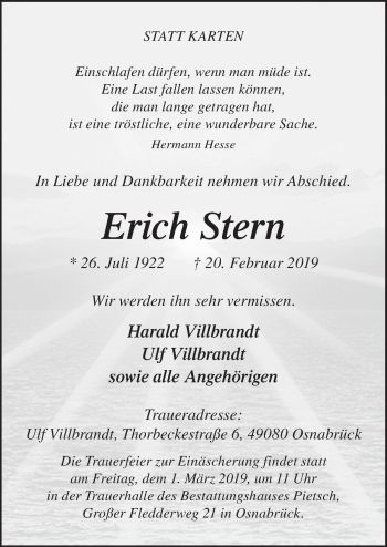 Traueranzeige von Erich Stern von Neue Osnabrücker Zeitung GmbH & Co. KG
