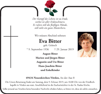 Traueranzeige von Eva Bitter von Neue Osnabrücker Zeitung GmbH & Co. KG