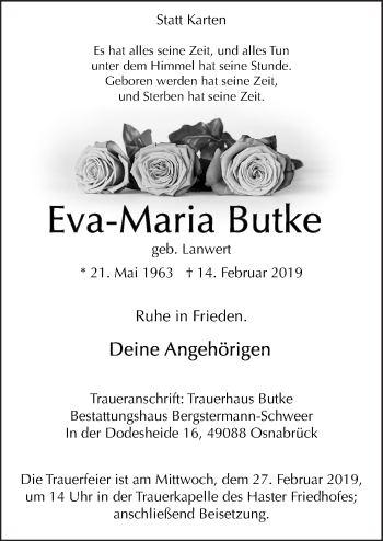 Traueranzeige von Eva-Maria Butke von Neue Osnabrücker Zeitung GmbH & Co. KG