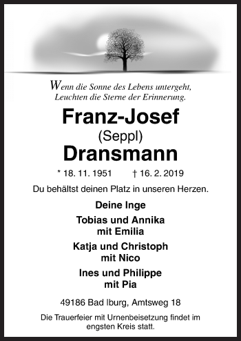 Traueranzeige von Franz-Josef Dransmann von Neue Osnabrücker Zeitung GmbH & Co. KG