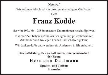 Traueranzeige von Franz Kodde von Neue Osnabrücker Zeitung GmbH & Co. KG