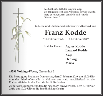 Traueranzeige von Franz Kodde von Neue Osnabrücker Zeitung GmbH & Co. KG
