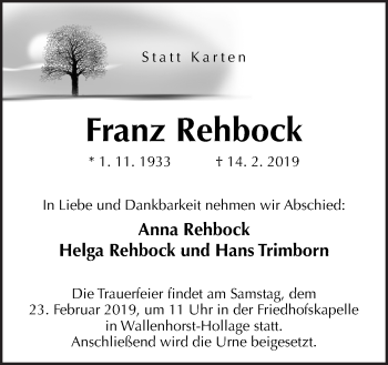 Traueranzeige von Franz Rehbock von Neue Osnabrücker Zeitung GmbH & Co. KG