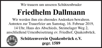 Traueranzeige von Friedhelm Dallmann von Neue Osnabrücker Zeitung GmbH & Co. KG