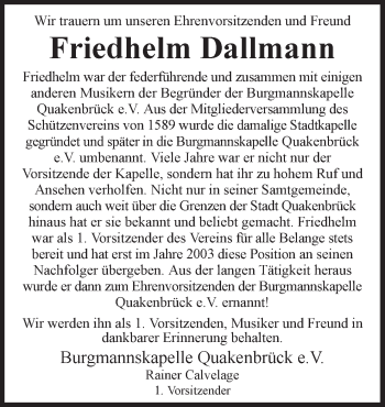 Traueranzeige von Friedhelm Dallmann von Neue Osnabrücker Zeitung GmbH & Co. KG