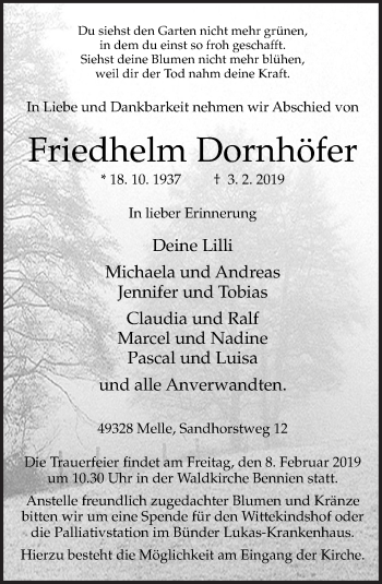 Traueranzeige von Friedhelm Dornhöfer von Neue Osnabrücker Zeitung GmbH & Co. KG