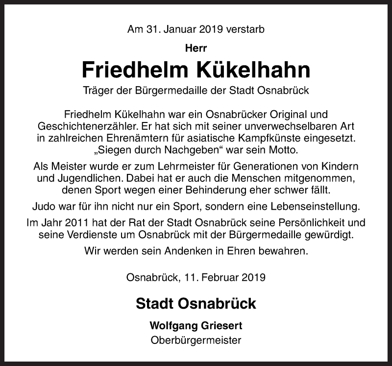  Traueranzeige für Friedhelm Kükelhahn vom 12.02.2019 aus Neue Osnabrücker Zeitung GmbH & Co. KG