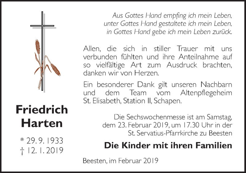  Traueranzeige für Friedrich Harten vom 20.02.2019 aus Neue Osnabrücker Zeitung GmbH & Co. KG