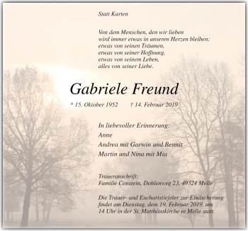 Traueranzeige von Gabriele Freund von Neue Osnabrücker Zeitung GmbH & Co. KG