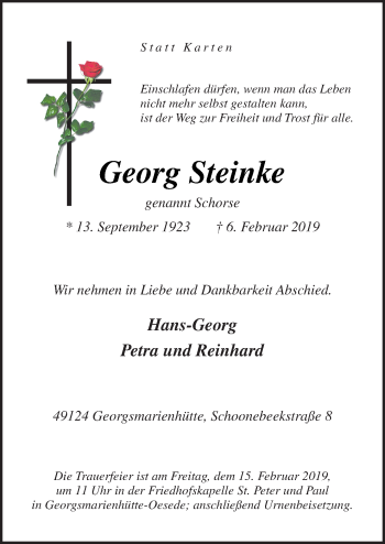 Traueranzeige von Georg Steinke von Neue Osnabrücker Zeitung GmbH & Co. KG