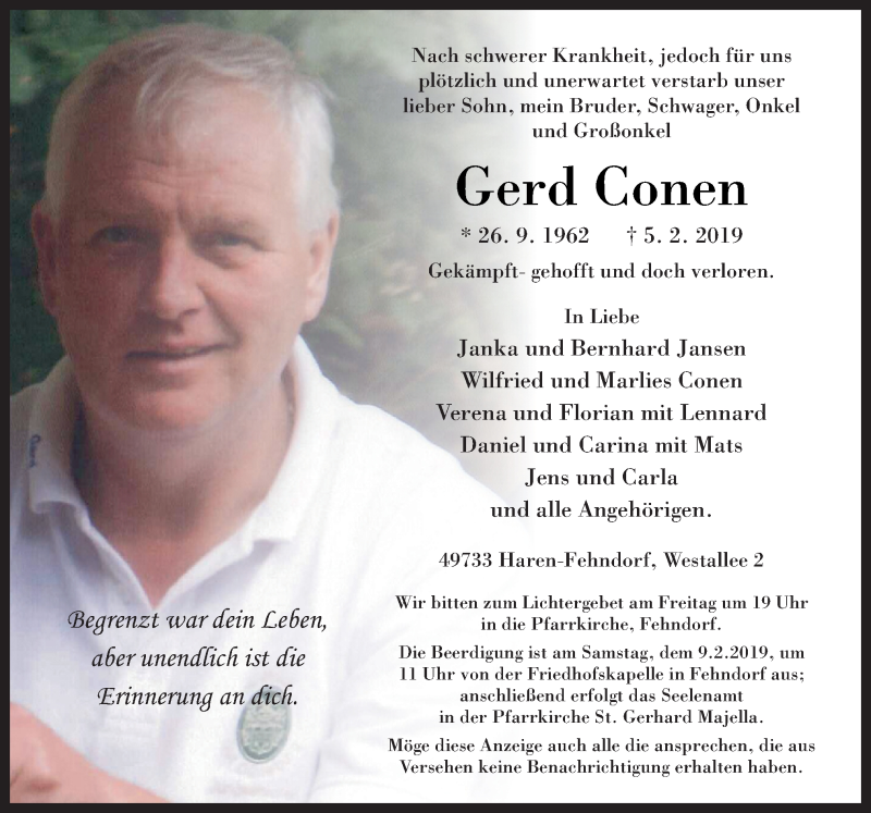  Traueranzeige für Gerd Conen vom 07.02.2019 aus Neue Osnabrücker Zeitung GmbH & Co. KG