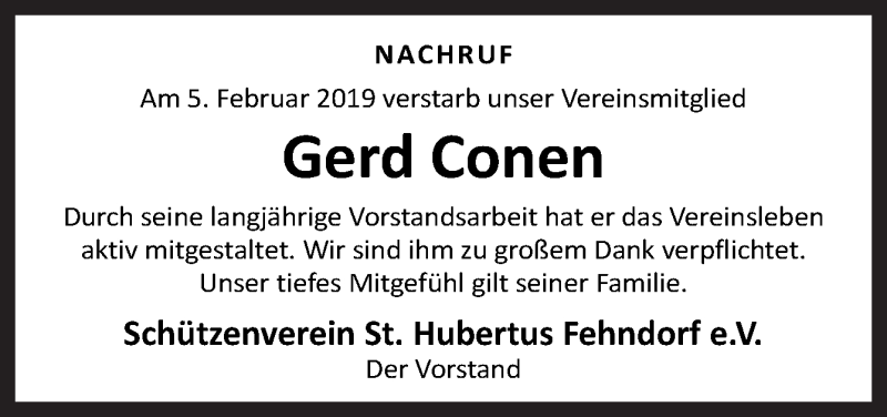  Traueranzeige für Gerd Conen vom 09.02.2019 aus Neue Osnabrücker Zeitung GmbH & Co. KG