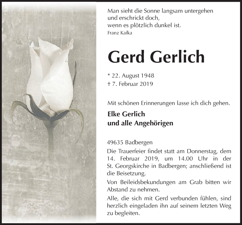  Traueranzeige für Gerd Gerlich vom 11.02.2019 aus Neue Osnabrücker Zeitung GmbH & Co. KG