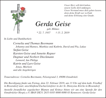Traueranzeige von Gerda Geise von Neue Osnabrücker Zeitung GmbH & Co. KG