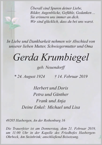 Traueranzeige von Gerda Krumbiegel von Neue Osnabrücker Zeitung GmbH & Co. KG