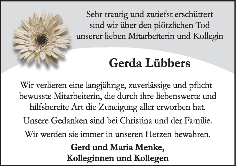  Traueranzeige für Gerda Lübbers vom 16.02.2019 aus Neue Osnabrücker Zeitung GmbH & Co. KG