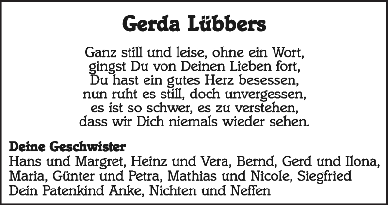  Traueranzeige für Gerda Lübbers vom 15.02.2019 aus Neue Osnabrücker Zeitung GmbH & Co. KG