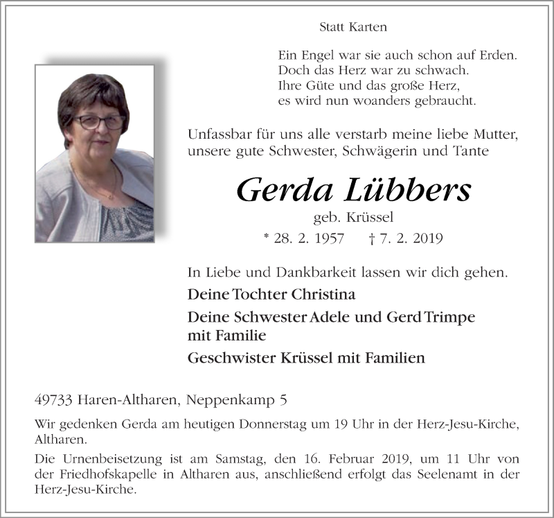  Traueranzeige für Gerda Lübbers vom 14.02.2019 aus Neue Osnabrücker Zeitung GmbH & Co. KG
