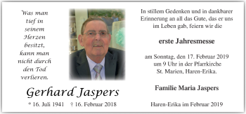 Traueranzeige von Gerhard Jaspers von Neue Osnabrücker Zeitung GmbH & Co. KG