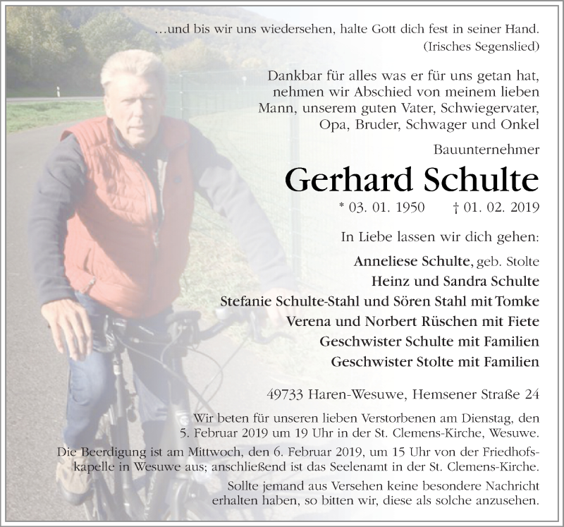  Traueranzeige für Gerhard Schulte vom 04.02.2019 aus Neue Osnabrücker Zeitung GmbH & Co. KG