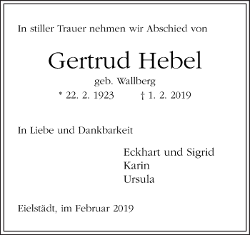 Traueranzeige von Gertrud Hebel von Neue Osnabrücker Zeitung GmbH & Co. KG