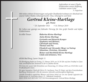 Traueranzeige von Gertrud Kleine-Hartlage von Neue Osnabrücker Zeitung GmbH & Co. KG