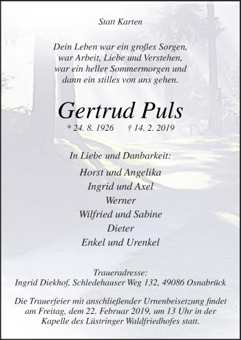 Traueranzeige von Gertrud Puls von Neue Osnabrücker Zeitung GmbH & Co. KG