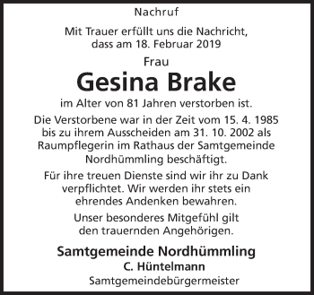 Traueranzeige von Gesina Brake von Neue Osnabrücker Zeitung GmbH & Co. KG