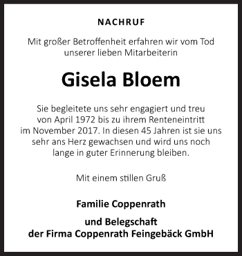 Traueranzeige von Gisela Bloem von Neue Osnabrücker Zeitung GmbH & Co. KG