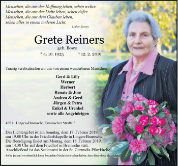 Traueranzeige von Grete Reiners von Neue Osnabrücker Zeitung GmbH & Co. KG