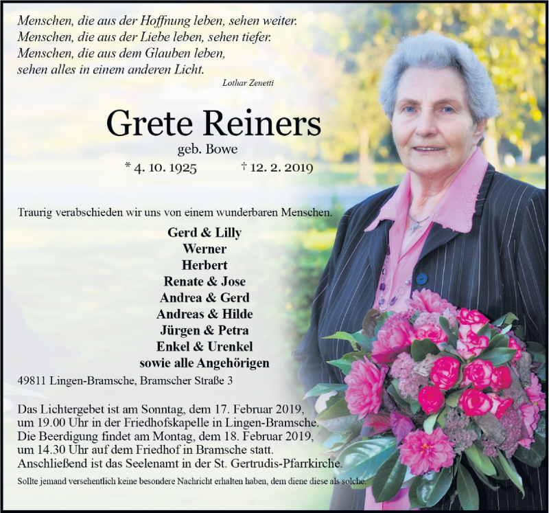 Traueranzeige für Grete Reiners vom 16.02.2019 aus Neue Osnabrücker Zeitung GmbH & Co. KG