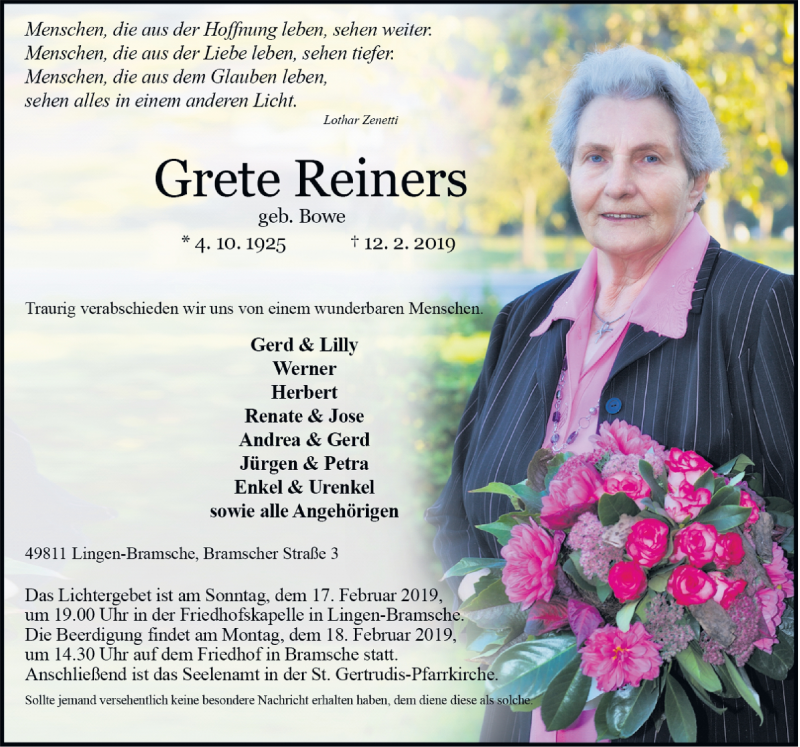  Traueranzeige für Grete Reiners vom 15.02.2019 aus Neue Osnabrücker Zeitung GmbH & Co. KG