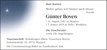 Traueranzeige von Günter Boven von Neue Osnabrücker Zeitung GmbH & Co. KG