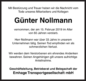 Traueranzeige von Günter Nollmann von Neue Osnabrücker Zeitung GmbH & Co. KG