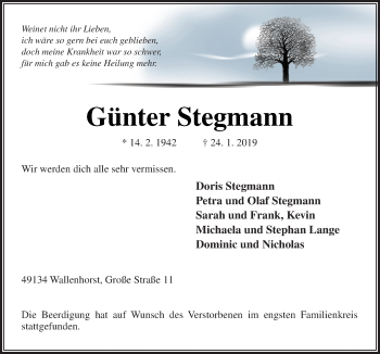 Traueranzeige von Günter Stegmann von Neue Osnabrücker Zeitung GmbH & Co. KG
