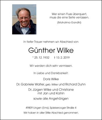 Traueranzeige von Günther Wilke von Neue Osnabrücker Zeitung GmbH & Co. KG