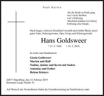 Traueranzeige von Hans Goldsweer von Neue Osnabrücker Zeitung GmbH & Co. KG