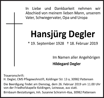 Traueranzeige von Hansjörg Degler von Neue Osnabrücker Zeitung GmbH & Co. KG