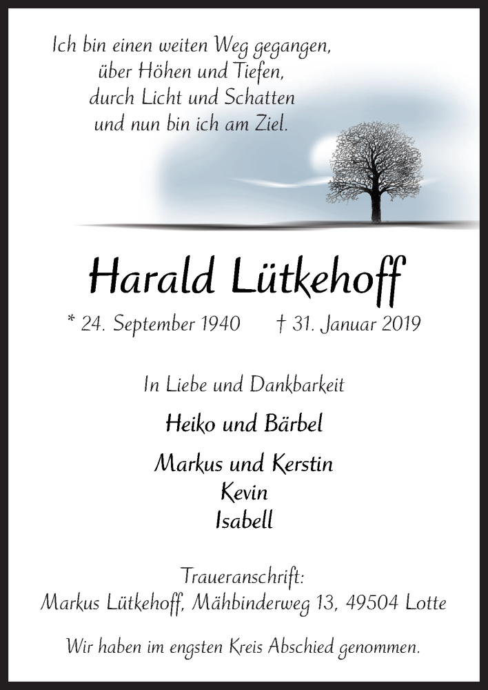  Traueranzeige für Harald Lütkehoff vom 12.02.2019 aus Neue Osnabrücker Zeitung GmbH & Co. KG