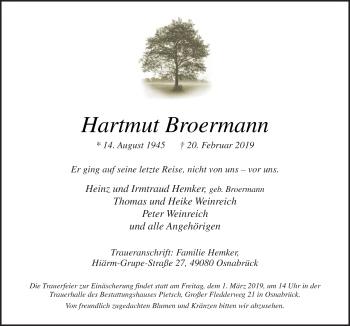 Traueranzeige von Hartmut Broermann von Neue Osnabrücker Zeitung GmbH & Co. KG