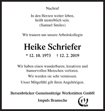 Traueranzeige von Heike Schriefer von Neue Osnabrücker Zeitung GmbH & Co. KG