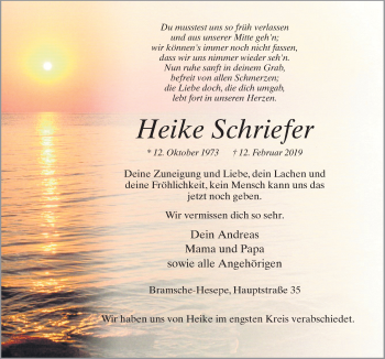 Traueranzeige von Heike Schriefer von Neue Osnabrücker Zeitung GmbH & Co. KG