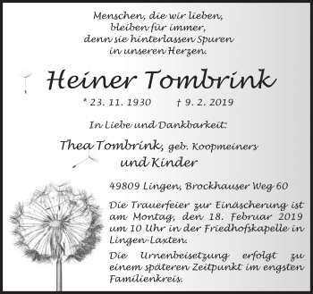 Traueranzeige von Heiner Tombrink von Neue Osnabrücker Zeitung GmbH & Co. KG